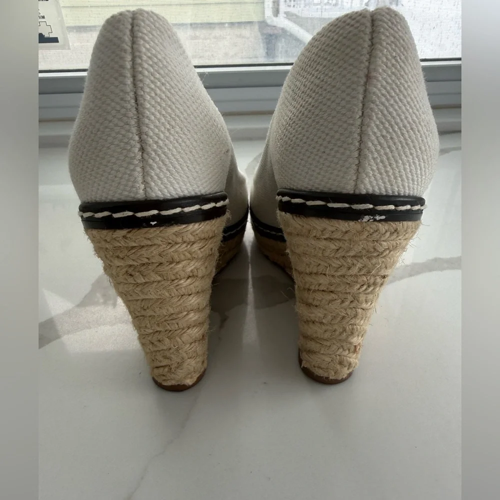 Tory Burch Peep-Toe Wedge Espadrilles-Size 6.5-White/Cream
